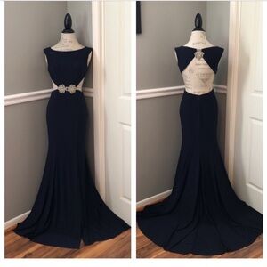 NEW ALYCE PARIS SZ 2 MIDNIGHT BLUE JEWELED CUT OUT MAXI FORMAL EVENING GOWN